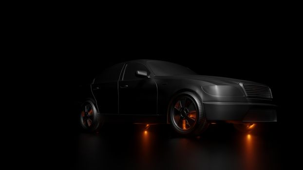 Dark background with silver car and red flares. 3d Illustration
