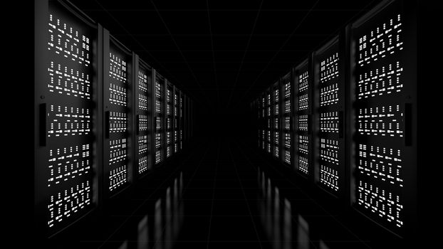 Network workstation servers on dark background. 3d illustration