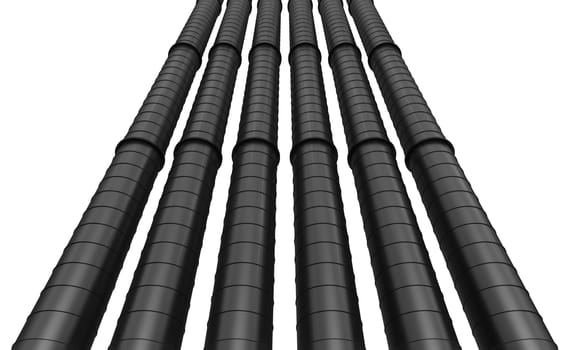 Row of black industrial pipelines isolated on white background. 3d illustration