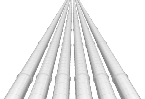 Row of white industrial pipelines isolated on white background. 3d illustration