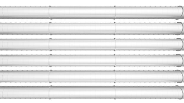 Row of white industrial pipelines isolated on white background. 3d illustration