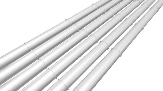 Row of white industrial pipelines isolated on white background. 3d illustration