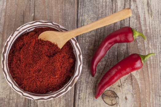 Red paprika in a ceramic bowl with brown wood spoon on old wood table with fresh chili pepper