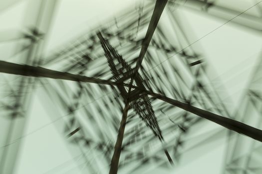 Abstract blur of inside of a high voltage electricity pole on olive green background