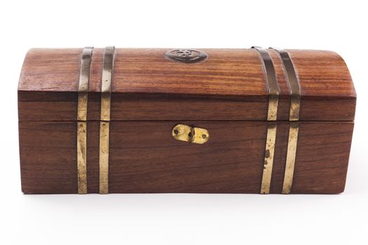 Old wood jewelry box closed front view isolated white background