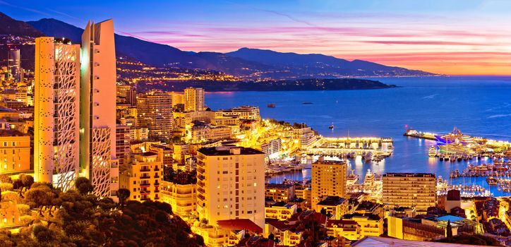 Monte Carlo cityscape colorful evening panoramic view from above, Principality of Monaco
