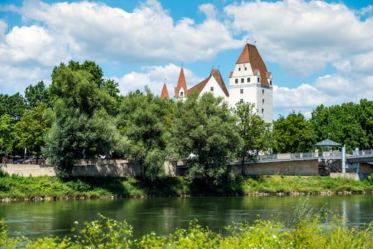 Image of bank of Danube with castle in Ingolstadt, Germany in summer