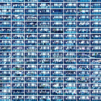 Blue pattern with small balconies and windows in Osaka, Japan