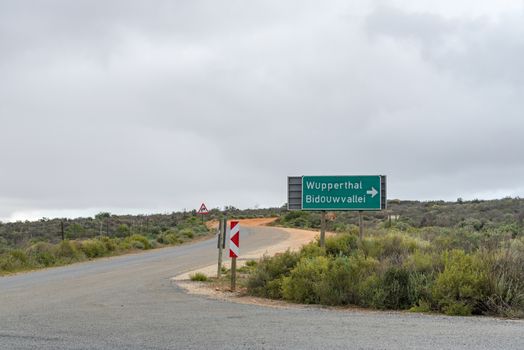 A directional sign at the turn-off from road R364 to Wupperthal in the Cederberg Mountains of the Western Cape Province