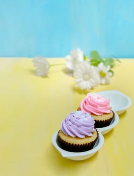 Tasty cupcakes with whipping cream on white plate over yellow wooden board and blue background