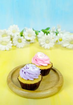 Tasty cupcakes with whipping cream on plate over yellow wooden board and blue background