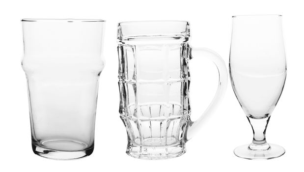 three of empty beer glasses isolated on white
