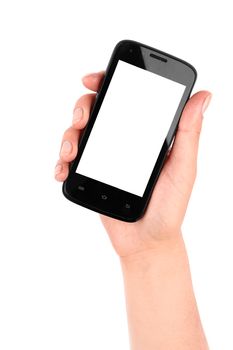 blank screen mobile phone in female hand isolated on a white background 