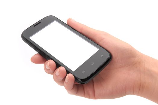 blank screen mobile phone in female hand isolated on a white background