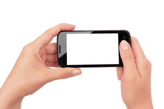 Hand holding smart phone isolated on white background 