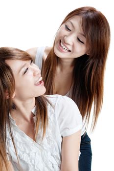 Young Asian woman talking to her friend, isolated on white background.