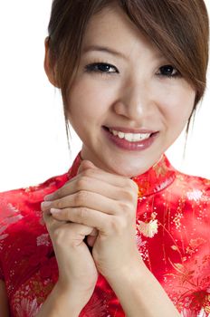 Oriental girl giving greeting for Chinese new year