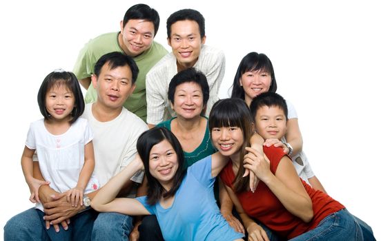 Large Asian family portrait, happy multi generations in group, isolated on white background.