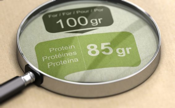 3d illustration of a magnifying glass over protein label. High-protein diet concept.