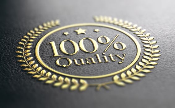 100% Quality Guarantee Golden Stamp Over Black Background, 3d illustration