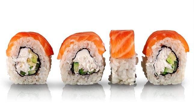 Sushi rolls Philadelphia in a row isolated on white background