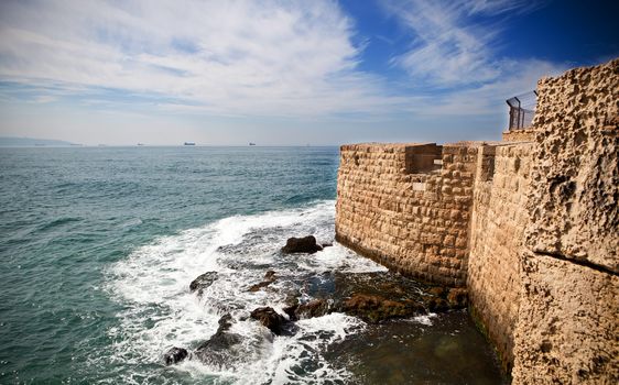 Old City of Acre surrounding wall with the mediterranean sea at the bottom in the Haifa Bay