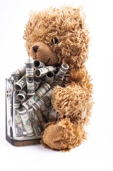 Brown Teddy bear holding jar full with rolled dollar banknotes isolated on white background