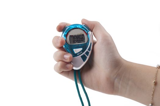 Blue digital stopwatch held by female hand isolated on white background