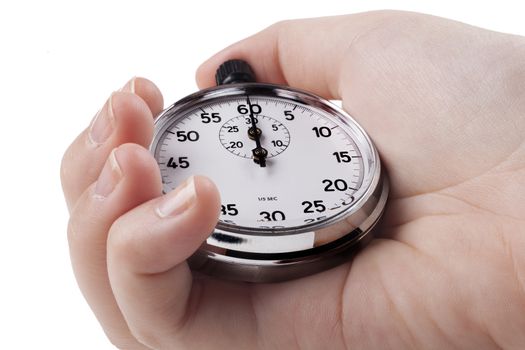 Female Hand holting silver color stopwatch isolated on white background