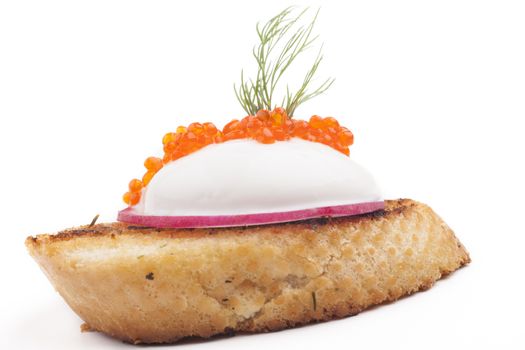 Red caviar on roasted bread and radish isolated on white background