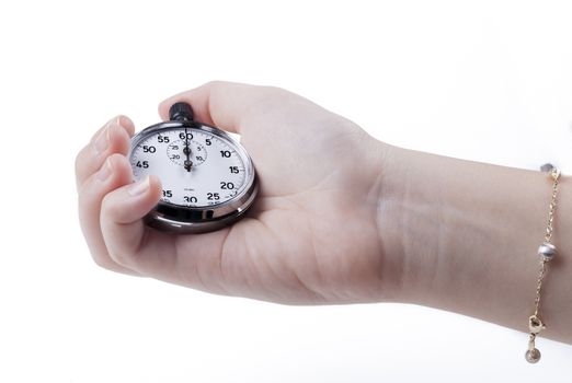 Hand Holding silver color mechanical stopwatch isolated on white