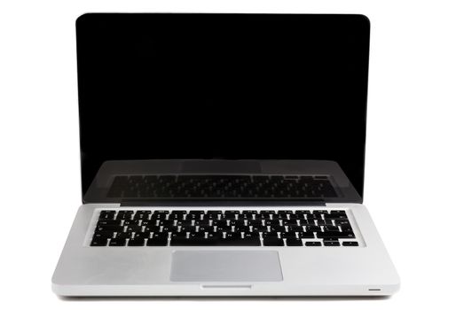 Silver color laptop with black keyboard and blank screen isolated on white
