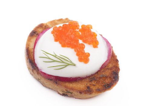 Red caviar on bread and radish isolated on white background