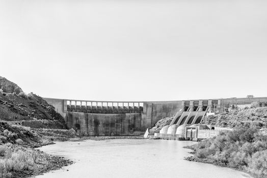 Monochrome view of the wall of the Vanderkloof Dam in the Orange River (Gariep River)