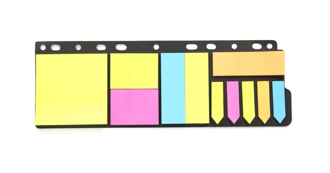 colorful sticky notes in different sizes shapes and colors isolated on white background