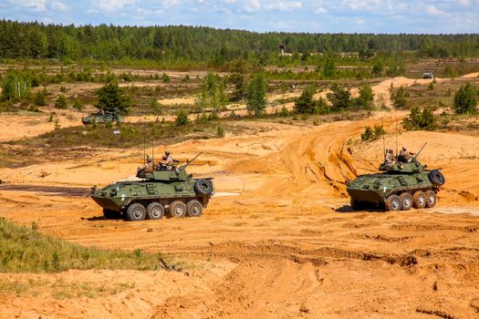 NATO military vehicles. International Military Training "Saber Strike 2017", Adazi, Latvia, from 3 to 15 June 2017. US Army Europe-led annual International military exercise Saber Strike Field Training Exercise in Latvia.