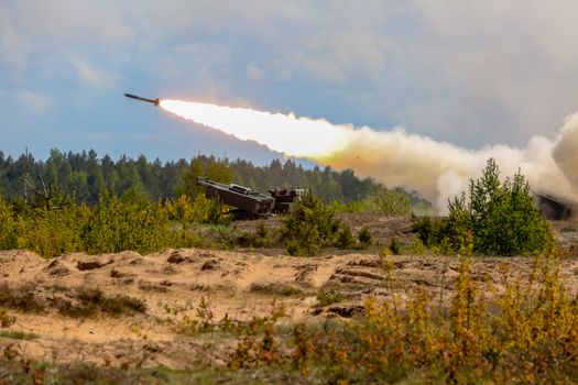 Rocket launcher with Himars. NATO soldiers and military equipment in Latvia. International Military Training "Saber Strike 2017", Adazi, Latvia, from 3 to 15 June 2017. US Army Europe-led annual International military exercise Saber Strike Field Training Exercise in Latvia.
