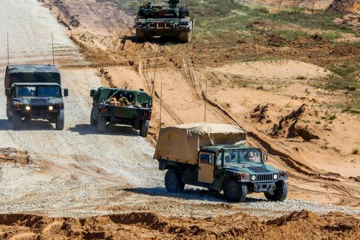 NATO military vehicles. International Military Training "Saber Strike 2017", Adazi, Latvia, from 3 to 15 June 2017. US Army Europe-led annual International military exercise Saber Strike Field Training Exercise in Latvia.