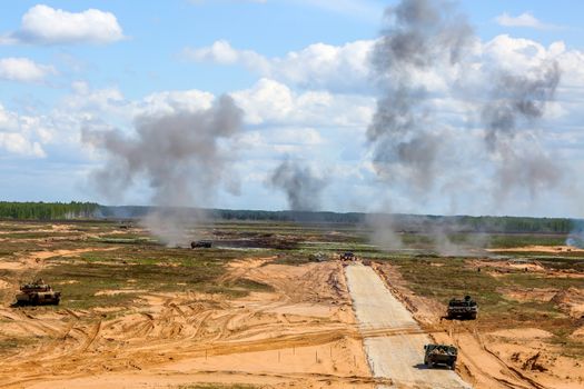 Explosion and smoke. International Military Training "Saber Strike 2017", Adazi, Latvia, from 3 to 15 June 2017. US Army Europe-led annual International military exercise Saber Strike Field Training Exercise in Latvia.