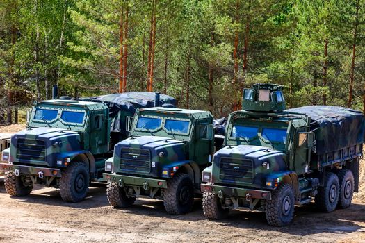 Military vehicles in Latvia. International Military Training "Saber Strike 2017", Adazi, Latvia, from 3 to 15 June 2017. US Army Europe-led annual International military exercise Saber Strike Field Training Exercise in Latvia.