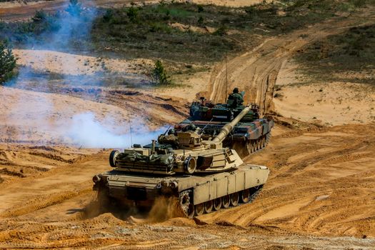 Tanks Abrams in Latvia. International Military Training "Saber Strike 2017", Adazi, Latvia, from 3 to 15 June 2017. US Army Europe-led annual International military exercise Saber Strike Field Training Exercise in Latvia.