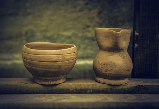 Artisan clay pots, traditional art detail
