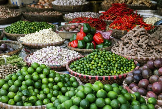 Fruits and spices at a market in Hanoi, Vietnam