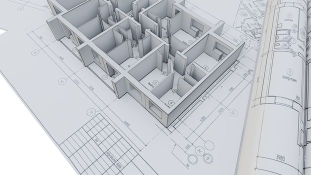 Built walls of a house on construction drawings. 3d illustration