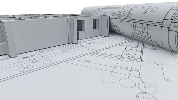 Built walls of a house on construction drawings. 3d illustration