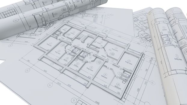 Built walls of a house on construction drawings. 3d illustration