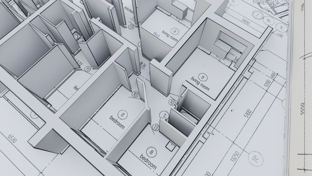 Built walls of a house on construction drawings. 3d illustration