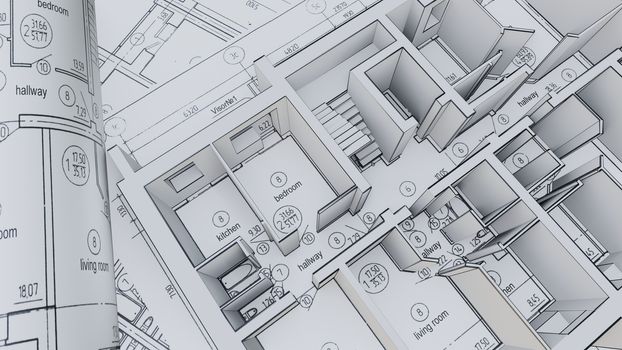 Built walls of a house on construction drawings. 3d illustration