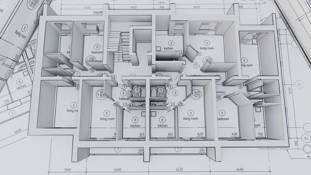 Built walls of a house on construction drawings. 3d illustration