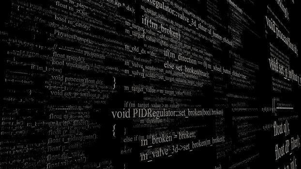 Software source code. Layers of program code on black background. 3d illustration. Technology background